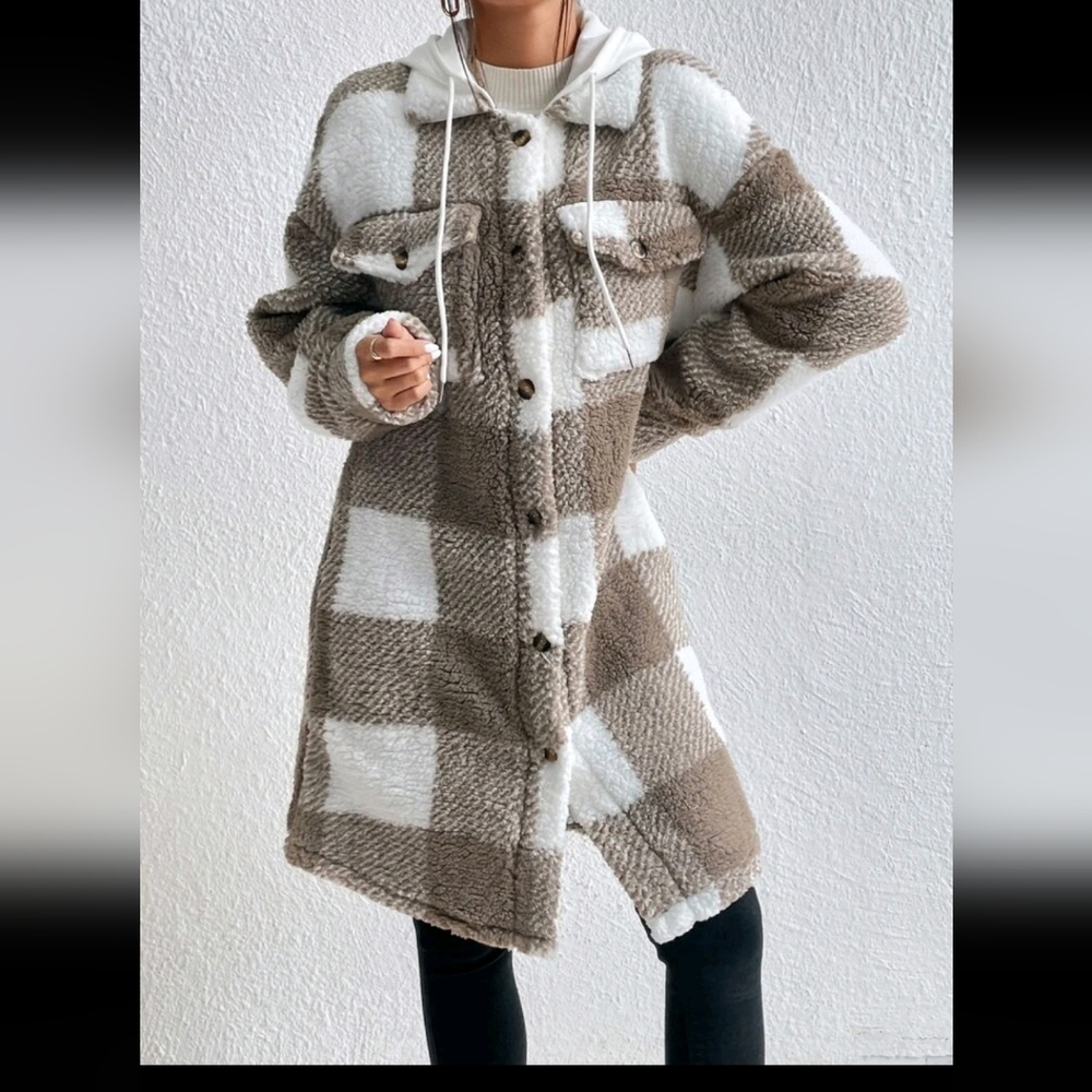 SHEIN EZwear Buffalo Plaid Print Drop Shoulder Drawstring Hooded Teddy Coat